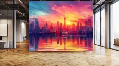 City skyline vector illustration at sunrise with vibrant colors, Wall mural