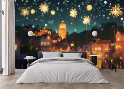 Diwali crackers lighting up sky over Indian village, 3D illustration Wall mural