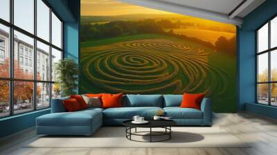 Crop circle with spiral patterns in a vast green field. Aerial shot at golden hour, showcasing detailed design against sunset backdrop. Wall mural