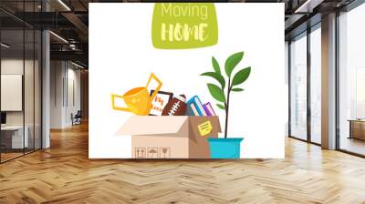 Cartoon style illustration of cardboard boxes with home stuff Wall mural