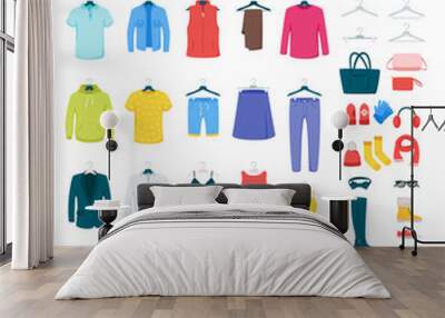 Men and women clothes on hangers vector illustrations set Wall mural