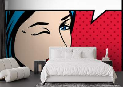 Pop art vector illustration of woman with speech bubble Wall mural