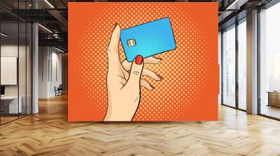 Vector hand drawn pop art illustration of hand holding credit card Wall mural