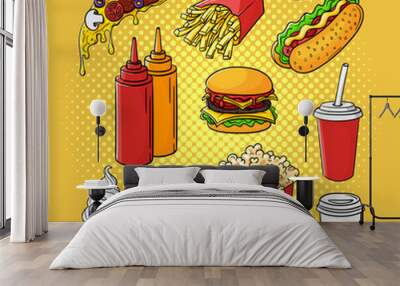 Vector hand drawn pop art set of fast food. Wall mural