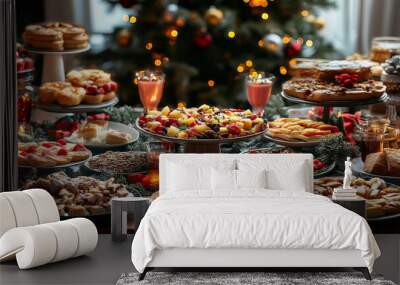 Christmas Dinner table full of dishes with food and snacks Wall mural