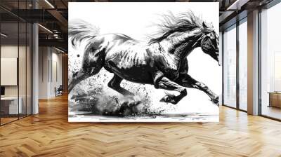 a black and white drawing of a running horse Wall mural