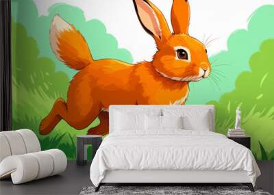 a brown rabbit running across a lush green field Wall mural