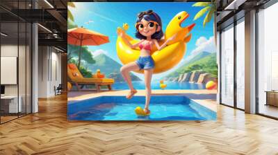 a cartoon girl is holding a rubber duck in a pool Wall mural