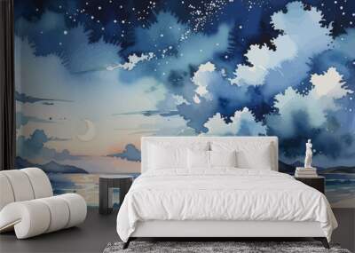 a painting of a night sky over the ocean Wall mural