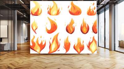 a set of fire flames on a white background Wall mural