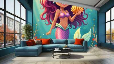 Smiling Mermaid with Pink Hair and Shell Wall mural