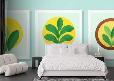 Three stylized leaf illustrations in a row, each with a different color and style, on a light blue background Wall mural