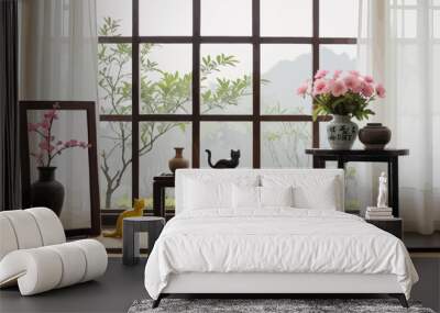 three vases with flowers on a table in front of a window Wall mural