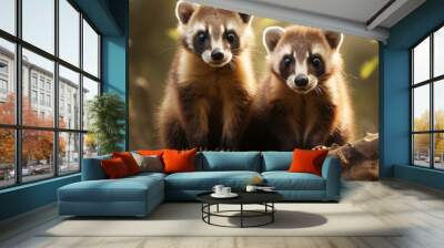 two baby raccoons sitting on a tree branch Wall mural