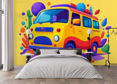 Vibrant Yellow School Bus with Colorful Decorations and Surrounded by Playful Bubbles and Cacti Wall mural