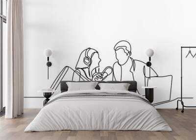 Continuous line drawing of interviewing man and woman on a podcast discussion, talking to guests in the studio.  Concept of podcasting, radio station, interview. Podcast presenters with a microphone t Wall mural