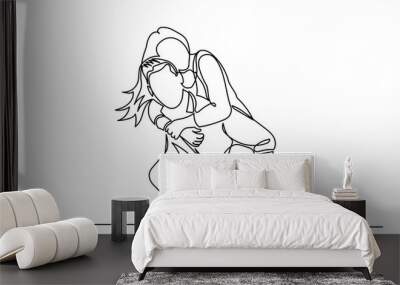 Continuous line drawing of Women and men hugging each other.A married couple of a romantic moment wife and husband. Yong girl boy embraces a woman in love a beautiful sight. Young beautiful couple  Wall mural