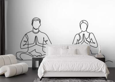 Continuous line drawing of yoga. man women sitting yoga pose lotus. couple sitting cross-legged meditating on a white background. concept of yoga, meditation, healthy body, and relaxation.
 Wall mural