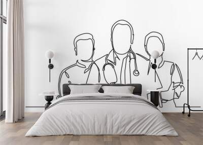 One continuous line drawing doctors team. a group of young male and female doctors pose standing together.Medical healthcare service concept.
 Wall mural