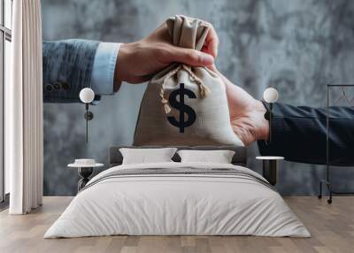 A businessman hands over an open money bag with a dollar sign to another person isolated on a grey background in a closeup view Wall mural