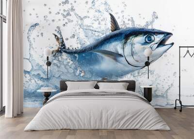 A tuna leaps from the water, creating a splash of droplets Wall mural