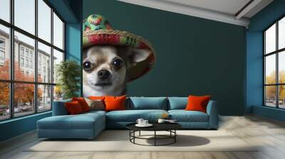 Adorable chihuahua dog wearing colorful Mexican hat over green background with copy space, generative AI Wall mural