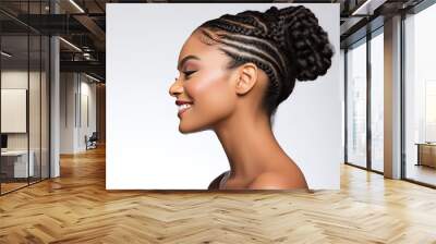 beautiful black african american woman with curly long braids and bun. perfect face structure. sharp jawline looking left side profile, generative ai Wall mural