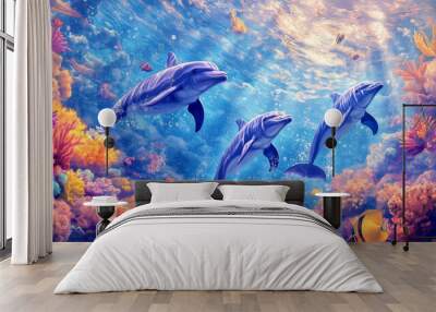 Three dolphins swim through a vibrant coral reef in the ocean Wall mural