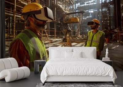 Two construction workers use virtual reality headsets at a job site Wall mural