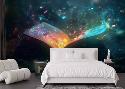 An open book with pages glowing and swirling, surrounded by colorful magical energy, Wall mural