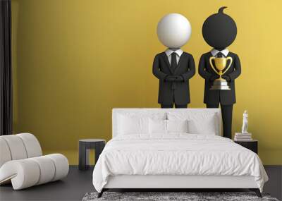 two 3D people in black business suits standing together with one holding a trophy Wall mural