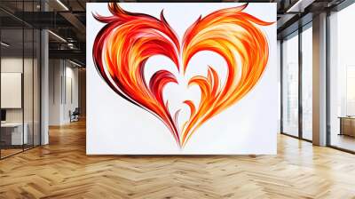 Two flames, one red and the other orange, intertwined to form heart shapes on a white background. Wall mural