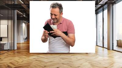 Adult man wink as showing money in wallet wearing casual tshirt Wall mural