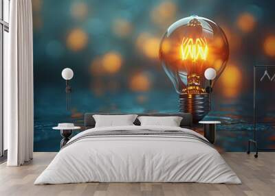 3D bright light bulb with rays on a white background Wall mural