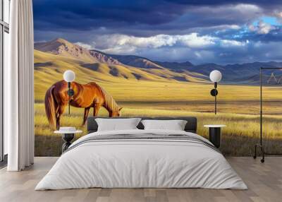 Majestic Horse Grazing in Scenic Landscape Wall mural