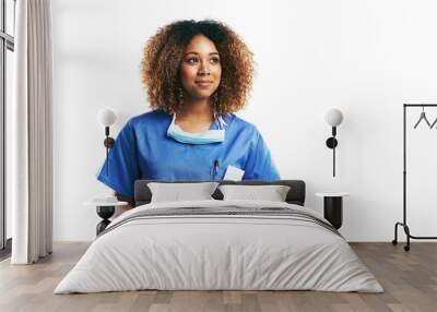 Nurse, healthcare and black woman with tablet in studio isolated on a white background mock up. Technology, wellness and thinking female medical physician with touchscreen for research or telehealth. Wall mural