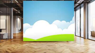 Clouds, blue sky or grass in graphic, background or creative applique on wallpaper art mockup. Space cutout, cloudscape or poster of horizon, skyline or meadow in artistic, scenery or landscape Wall mural