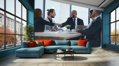 Handshake, clients meeting and business people in partnership, lawyer agreement and thank you, success or deal. Corporate woman, manager or employees shaking hands for thanks, negotiation or law firm Wall mural