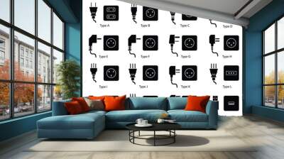 15+ different types of plugs and sockets in use worldwide as classified by World Standards. Outlet plugs icons set vector in silhouette style isolated on a white background. Wall mural