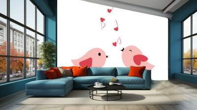 Cute bird couple flat vector illustration isolated on white background. Element for Valentine's day concept. Doodles clip art in cartoon style. Happy Valentine's day. Wall mural