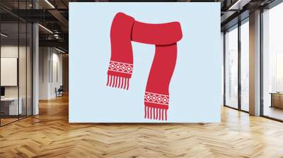 Red scarf with white patterns flat illustration vector isolated on colored background. Women and girl winter clothes Wall mural