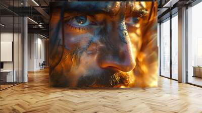 A close-up of a blind man’s face as his eyes open and light pours in, capturing the split-second transformation from blindness to sight, the background a swirling mix of light and colors, Wall mural