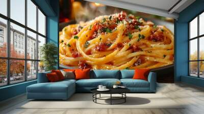 A beautifully plated Spaghetti Carbonara on a rustic wooden table, steam rising from the dish, with a blurred wine bottle and candlelight in the background, evoking a cozy dinner setting. Wall mural