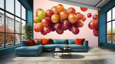 A bunch of fresh grapes floating mid-air, with a few grapes breaking off and hovering separately, isolated on a light pastel lilac background. Soft lighting adds gentle shadows and a natural look, Wall mural