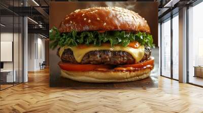 A burger in a close-up shot, showing crispy lettuce, fresh tomatoes, melted cheese, and a juicy beef patty, with sauce glistening on the side. Set against a warm-toned kitchen interior, Wall mural