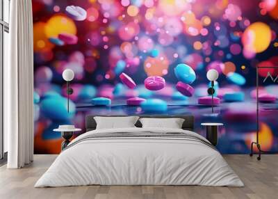 A cascade of vibrant pills falling onto a shiny surface, dynamic composition, sharp details, high contrast, bright lighting, hd quality, natural look. --ar 16:9 --v 6.0 --s 250 --style raw Wall mural