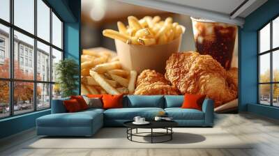 A classic fried chicken combo meal with crispy, golden fried chicken, hot French fries, and a cold soda in a paper cup, served on a tray. The warm lighting highlights the textures, Wall mural