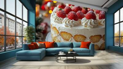 A close-up of a Japanese Christmas cake, fluffy and light with whipped cream and strawberry toppings, set on a holiday table with festive decorations, Wall mural