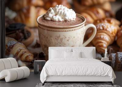 A close-up of a vintage French cup filled with decadent hot chocolate, whipped cream on the side, placed on a Parisian café table surrounded by croissants and delicate pastries. Warm, Wall mural