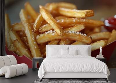 A close-up of golden, crispy French fries in a red paper carton, perfectly salted and glistening under warm lighting, with a side of ketchup in a small dish. The background is softly blurred, Wall mural